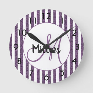 Horloge Ronde Purple blanc glitter stripes monogram girly