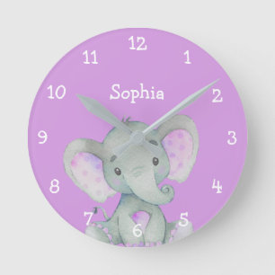 Horloge Ronde Purple Elephant Cute Baby Girl