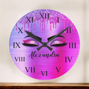 Horloge Ronde Purple Glitter Sparkle Eyelashes Monogram