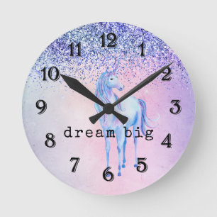 Horloge Ronde Purple Pink Blue Ombre Unicorn Glitter