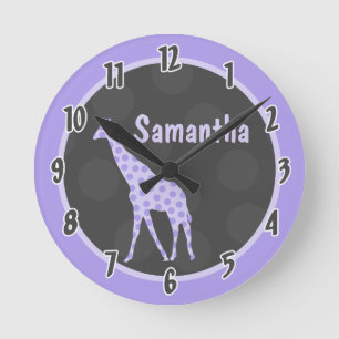 Horloge Ronde Purple Polka Dot Giraffe Jungle Personalized Clock