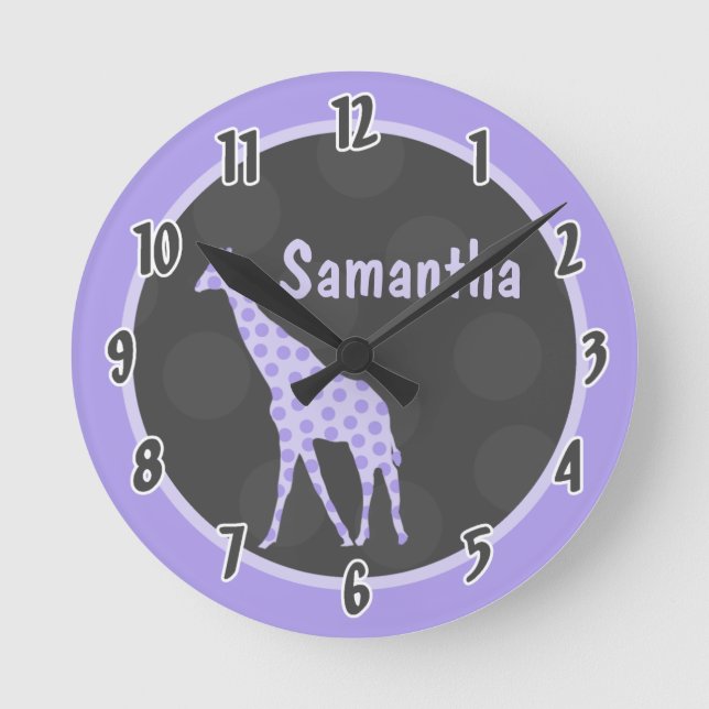 Horloge Ronde Purple Polka Dot Giraffe Jungle Personalized Clock (Recto)