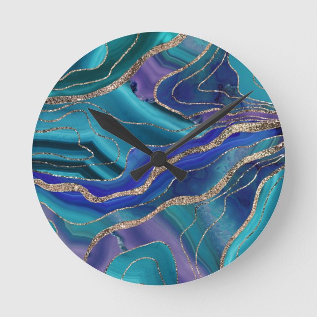 Horloge Ronde Purple Teal Blue Galaxy Nebula Agate Glitter (Recto)