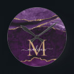 Horloge Ronde Purple Violet Gold Agate Geode Glitter<br><div class="desc">Glam Purple Violet Gold Glitter Sparkle Agate Geode Gemstone Elegant Feminine Monogram Script Name Clocks</div>