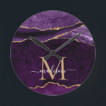 Horloge Ronde Purple Violet Gold Agate Geode Glitter<br><div class="desc">Glam Purple Violet Gold Glitter Sparkle Agate Geode Gemstone Elegant Feminine Monogram Script Name Clocks</div>