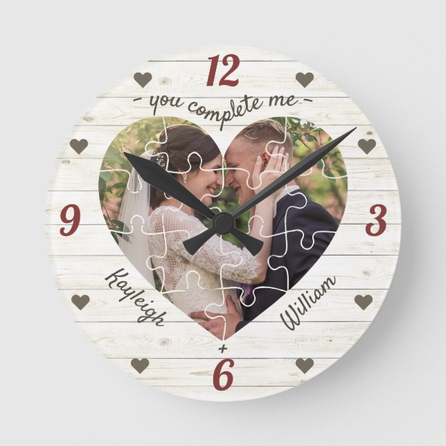 Horloge Ronde Puzzle du coeur Mariage photo Vous me complétez Ru (Recto)