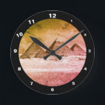 Horloge Ronde Pyramids & Desert, vintage Cairo / Ancient Egypt<br><div class="desc">CLOCKS - Ancient Pyramids in Egypt vintage art. View on all of the pyramids in line is highlighting magnificence of the area. Top of Great Pyramid is still covered with flat decorative stone desks and let us imagine, what amazing view it must have been in the times of their peak....</div>