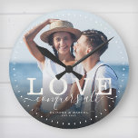 Horloge Ronde Quota moderne Love Wedding Photo Newlywed Script<br><div class="desc">Custom modern photo clock with hand-lettered script and modern typographiy reading:' Love conquers all ' alongside your custom names and wedding date. Personalize with your favorite photo and information. Great vend pour Newlyweds,  à anniversary ou Valentine's Day !</div>