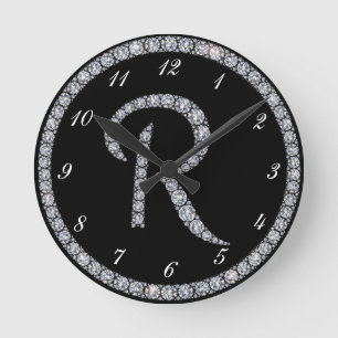 Horloge Ronde R monogram bling ring clock