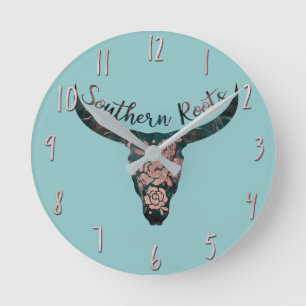 Horloge Ronde Racines du Sud Country Longhorn Rose et Vert
