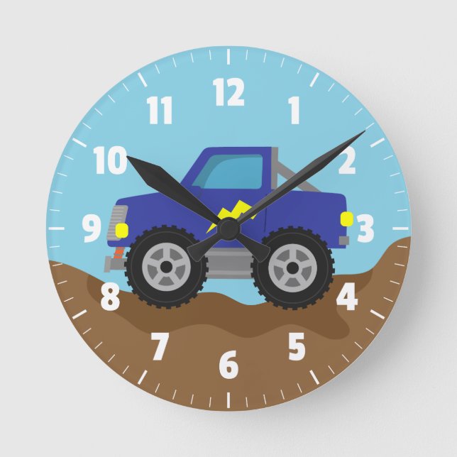 Horloge Ronde Racing Blue Monster Truck, pour Boys Room (Recto)