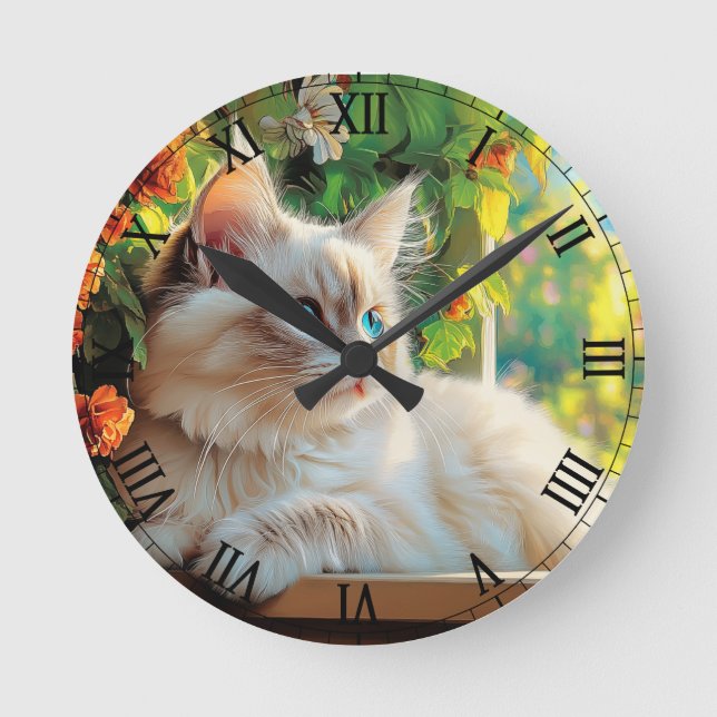 Horloge Ronde Ragdoll portrait de chat avec fleurs (Recto)