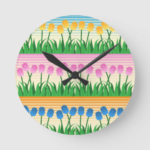 Horloge Ronde Rangs Colorés de Tulipes