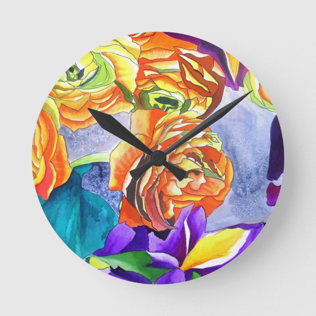 Horloge Ronde Ranunculus and Iris watercolour art (Recto)