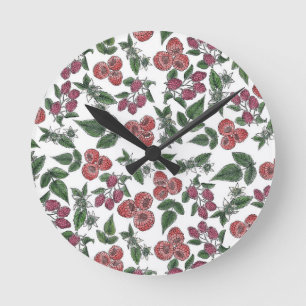 Horloge Ronde Raspberry Fruit Leaves Illustration Pattern