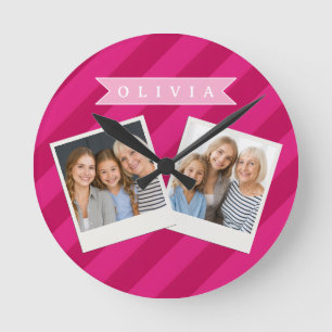 Horloge Ronde Rayure Rose Moderne Mignonne Personnalisée Amusant