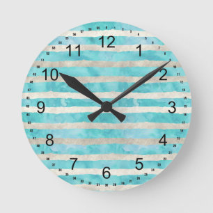 Horloge Ronde Rayures Aquarelles Blanc Aqua