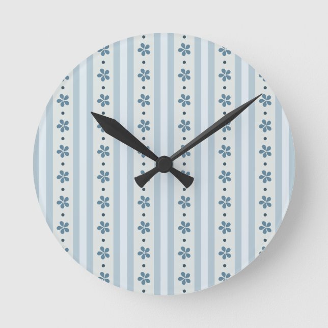 Horloge Ronde Rayures Bleues Clair Et Fleurs (Recto)