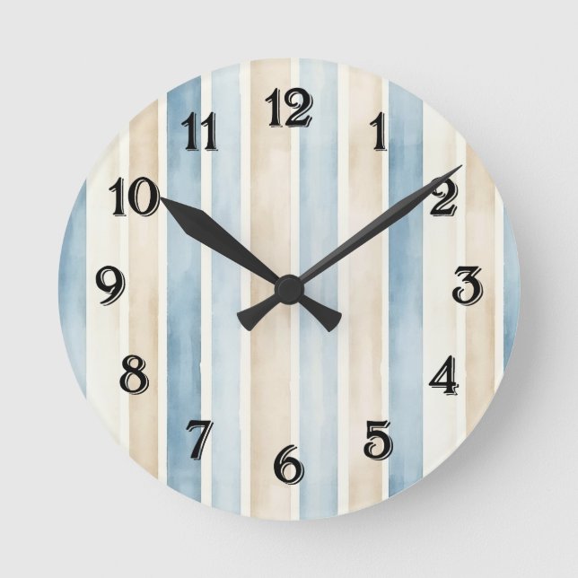 Horloge Ronde Rayures Crème Bleu de Plage   (Recto)
