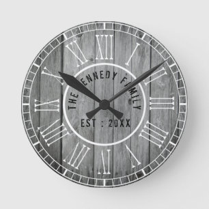 Horloge Ronde Reclaimed Wood Farmhouse White Roman Numerals