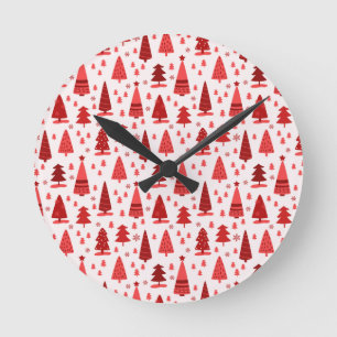 Horloge Ronde Red Christmas Tree Forêt mite Motif