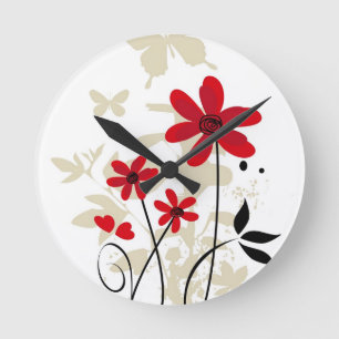Horloge Ronde Red flowes and butterflies