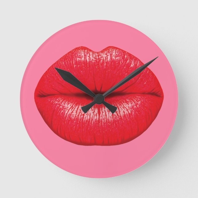 Horloge Ronde Red Lipstick big pop art lips on girly pink (Recto)