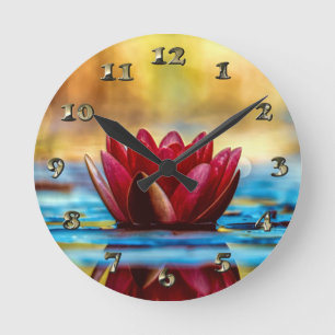 Horloge Ronde Red Lotus Water Lily Flower
