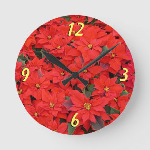 Horloge Ronde Red Poinsettias I Christmas Holiday Floral Photo