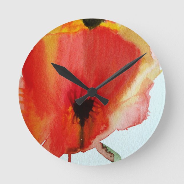Horloge Ronde Red Poppies aquarelle art floral moderne (Recto)