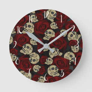 Horloge Ronde Red Roses & Skulls Grey Black Floral Gothic