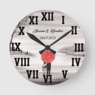 Horloge Ronde Red umbrella Love Couple Roman Numbers Wedding