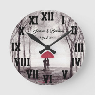 Horloge Ronde Red umbrella Love Couple Roman Numbers Wedding
