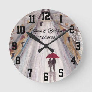 Horloge Ronde Red umbrella Love couple rustic romantique