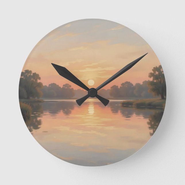 Horloge Ronde Reflet du lac à l'heure dorée Impressionniste  (Recto)