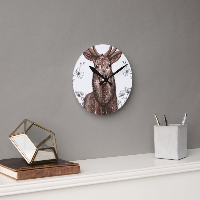 Horloge Ronde Reloj de pared con diseño de venado con flores. (Bureau)