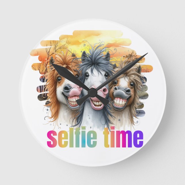 Horloge Ronde Relojes horse meme – funny horses on a selfie (Recto)
