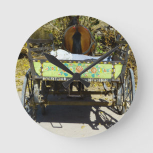 Horloge Ronde Remorque vintage Gypsy Caravan et panier à cheval 