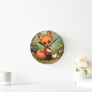 Horloge Ronde Renard brun mignon dans la forêt
