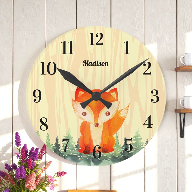 Horloge Ronde Renard de la forêt Orange Jaune Forêt (Créateur téléchargé)