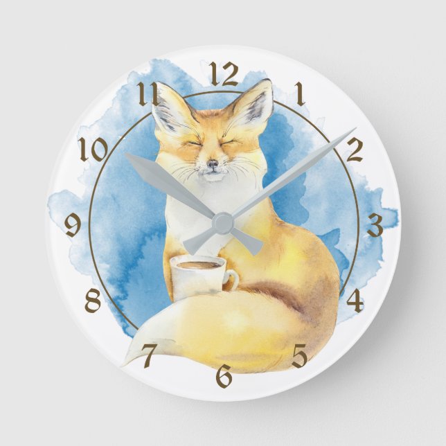 Horloge Ronde Renard mignon avec Coffee Cup en bleu (Recto)