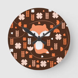 Horloge Ronde Renard mignon, fleurs et feuilles en orange