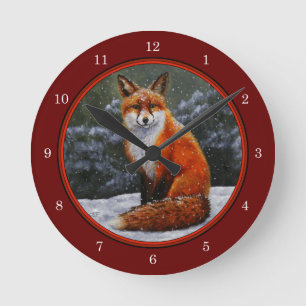 Horloge Ronde Renard rouge mignon en neige hivernale