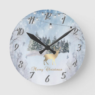 Horloge Ronde Renne en or,Forêt,Lumières Guirlandes Paysage