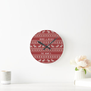 Horloge Ronde Renne nordique de Noël tricot personnalisé