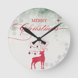 Horloge Ronde Renne rouge flocons de neige argentés Noël vert