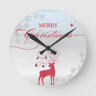 Horloge Ronde Renne Rouge Flocons de Neige de Noël