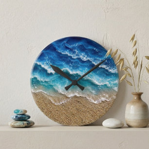 Horloge Ronde Résine de vague bleue Sable de plage Océan côtier