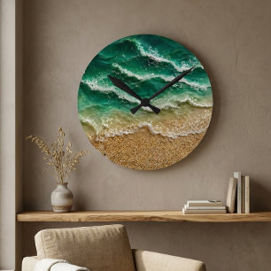 Horloge Ronde Résine de vague verte Sable de plage Océan côtier