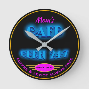 Horloge Ronde Restaurant ouvert 24h/24 Faux Retro Blue Neon -